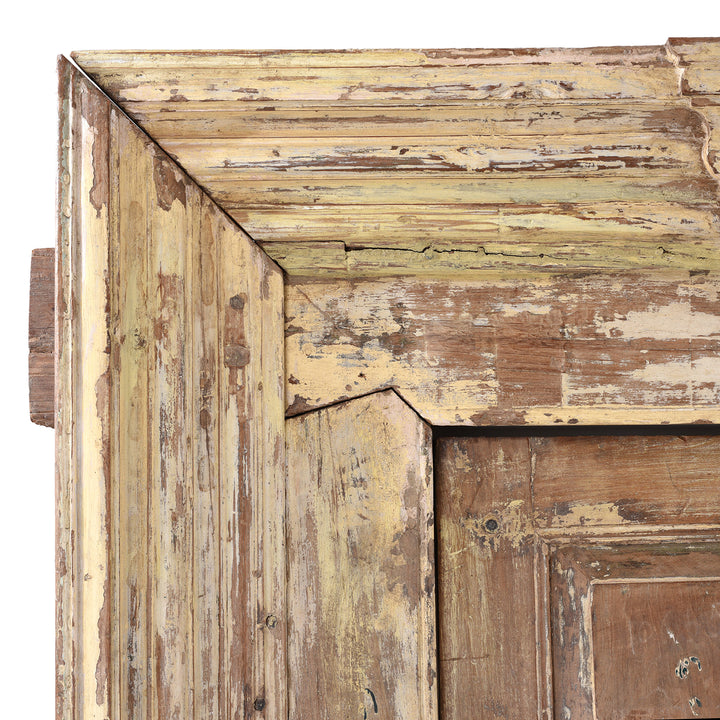 Corner Detail From Frame Of Weathered Nineteenth Century Indian Teak Door Frame With Original Paint And Carved Floral Lintel