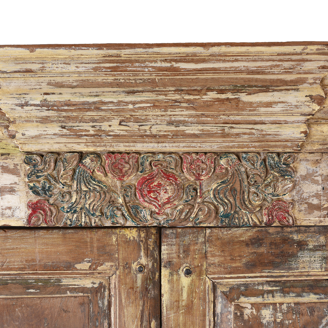 Carved Firieze Detail From Weathered Nineteenth Century Indian Teak Door Frame With Original Paint And Carved Floral Lintel
