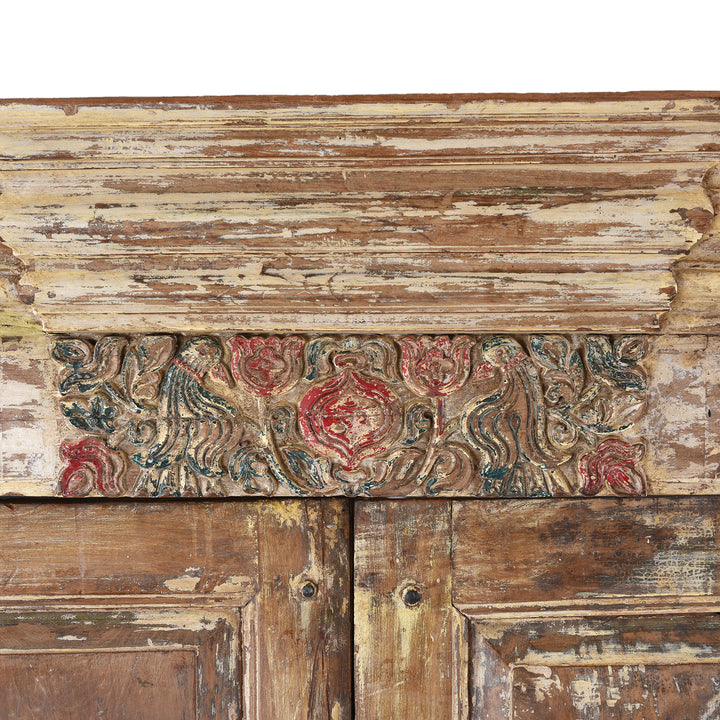 Carved Firieze Detail From Weathered Nineteenth Century Indian Teak Door Frame With Original Paint And Carved Floral Lintel