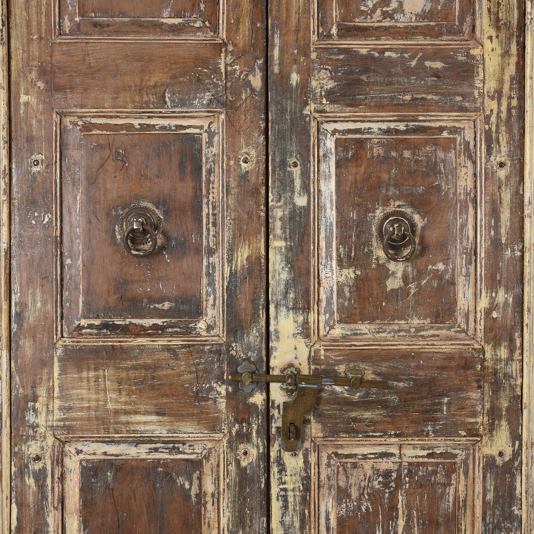 Door Knockers Detail From Weathered Nineteenth Century Indian Teak Door Frame With Original Paint And Carved Floral Lintel