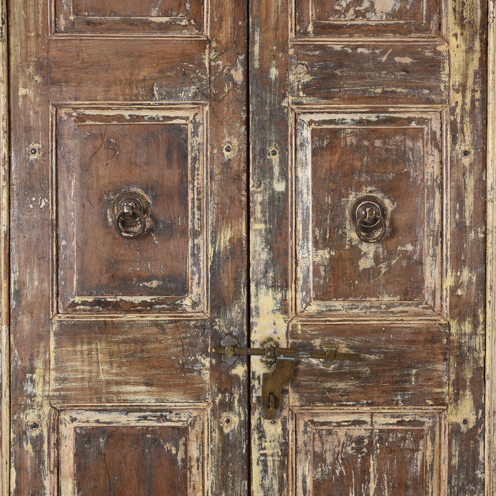 Door Knockers Detail From Weathered Nineteenth Century Indian Teak Door Frame With Original Paint And Carved Floral Lintel
