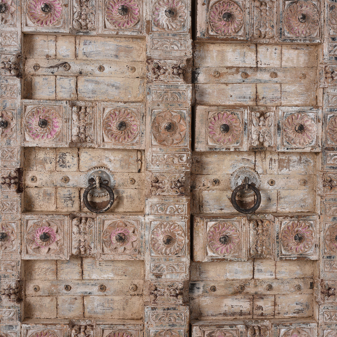 Door Handle Detail From Carved Teak Indian Door From Surat Gujarat With Floral Medallions Traces Of Pink And Green Polychrome Paint 19Th Century