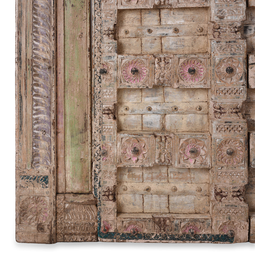 Bottom Corner Detail From Carved Teak Indian Door From Surat Gujarat With Floral Medallions Traces Of Pink And Green Polychrome Paint 19Th Century