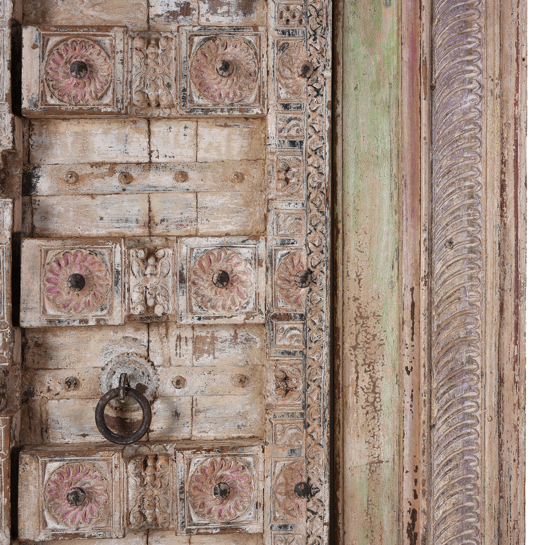 Frame And Door Carving Detail From Carved Teak Indian Door From Surat Gujarat With Floral Medallions Traces Of Pink And Green Polychrome Paint 19Th Century