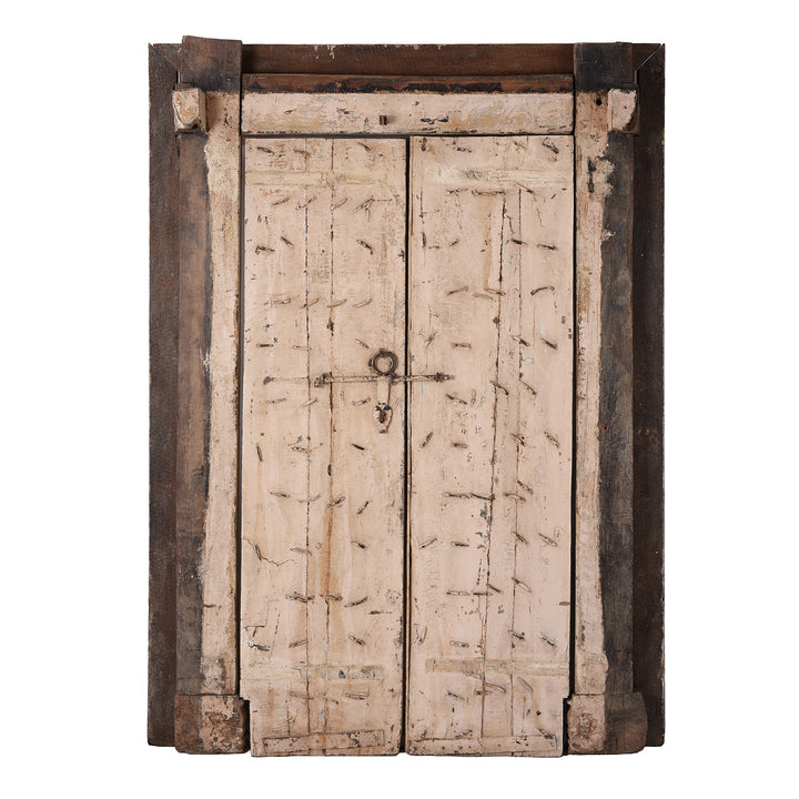 Back Of Carved Teak Indian Door From Surat Gujarat With Floral Medallions Traces Of Pink And Green Polychrome Paint 19Th Century