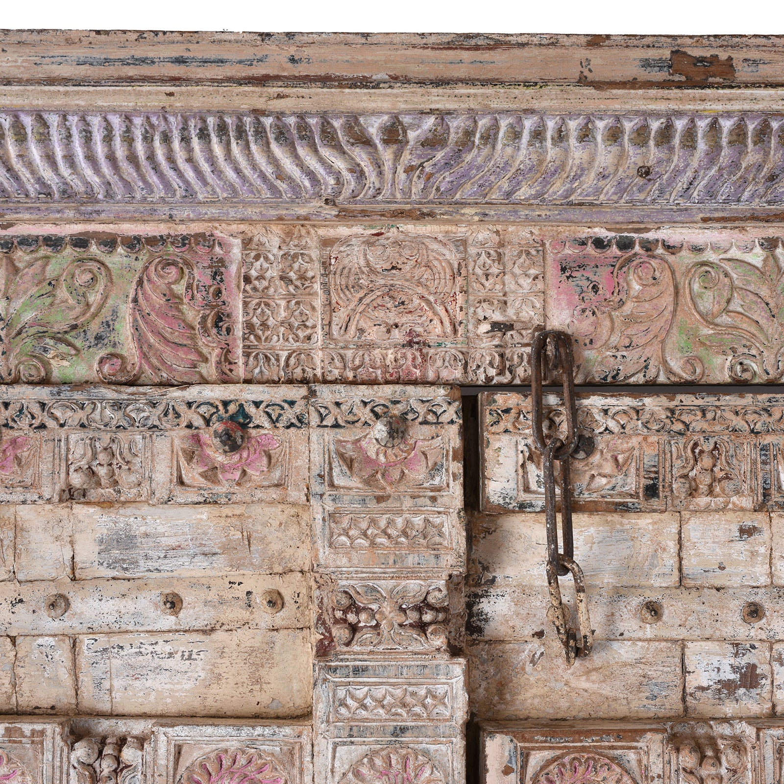 Frame Carving Detail From Carved Teak Indian Door From Surat Gujarat With Floral Medallions Traces Of Pink And Green Polychrome Paint 19Th Century
