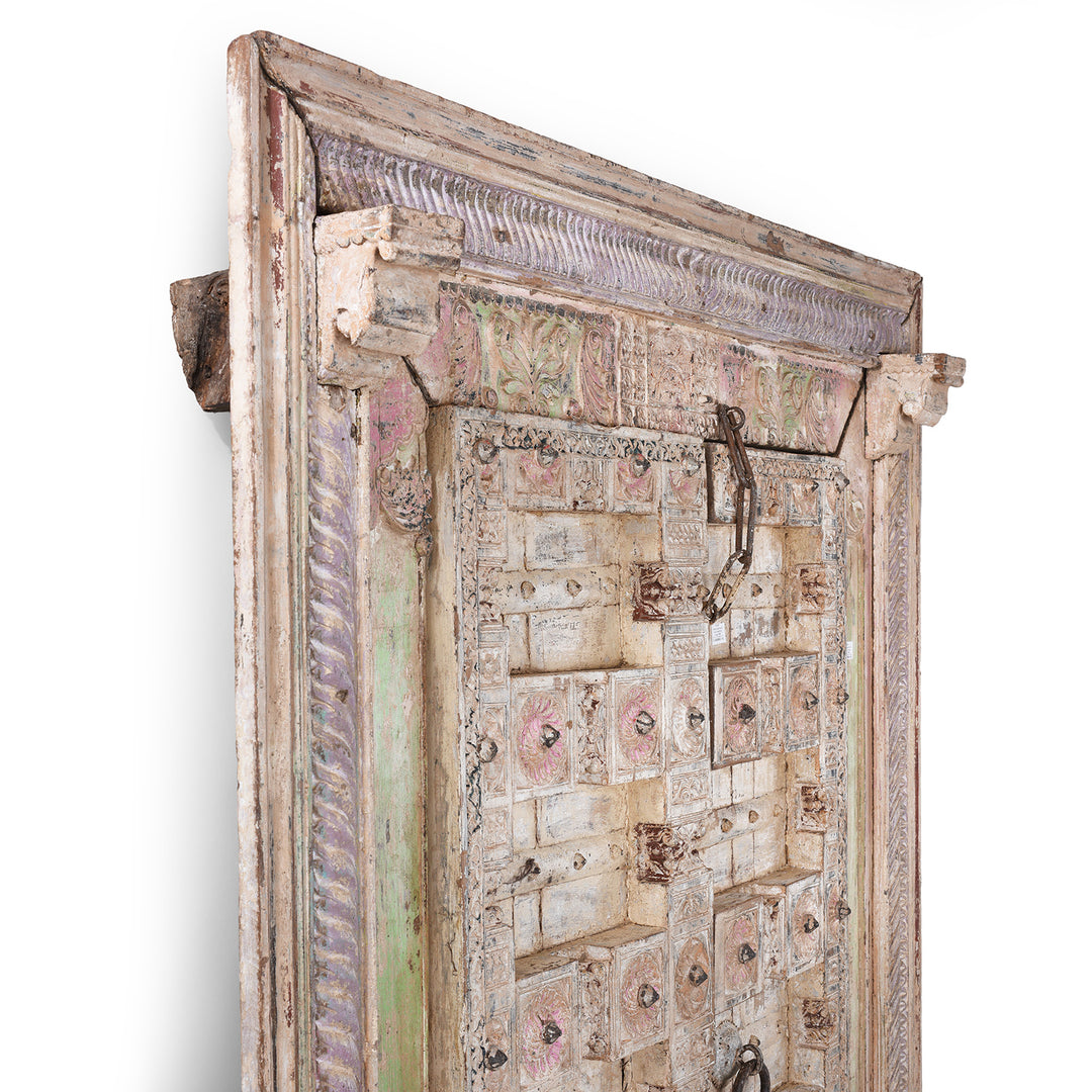 Depth Detail From Carved Teak Indian Door From Surat Gujarat With Floral Medallions Traces Of Pink And Green Polychrome Paint 19Th Century