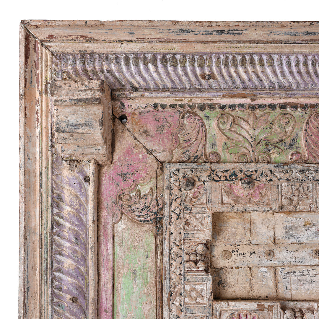 Corner Detail Showing Carvings From Carved Teak Indian Door From Surat Gujarat With Floral Medallions Traces Of Pink And Green Polychrome Paint 19Th Century