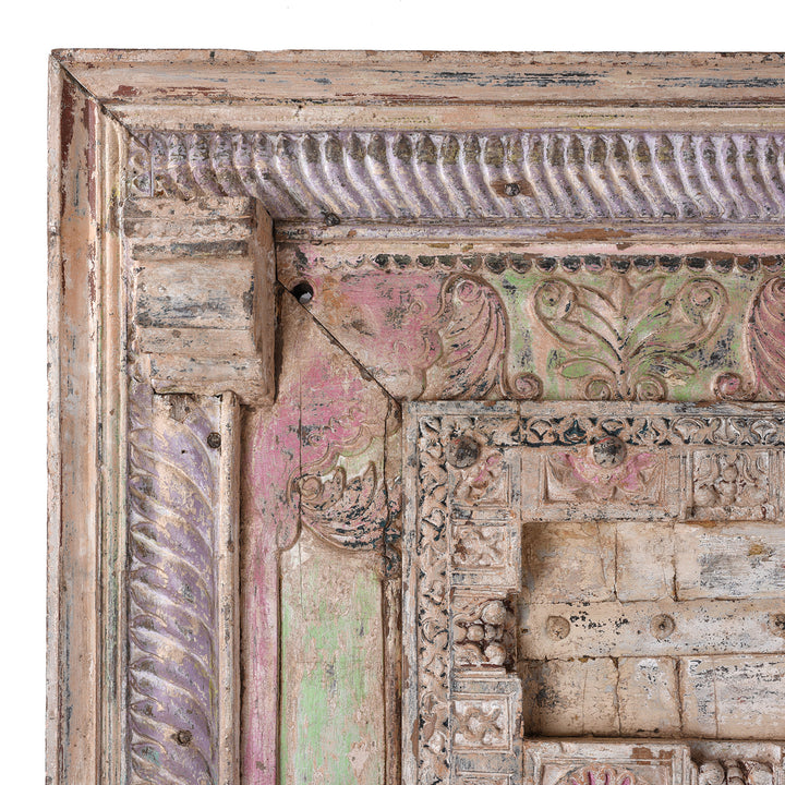 Corner Detail Showing Carvings From Carved Teak Indian Door From Surat Gujarat With Floral Medallions Traces Of Pink And Green Polychrome Paint 19Th Century