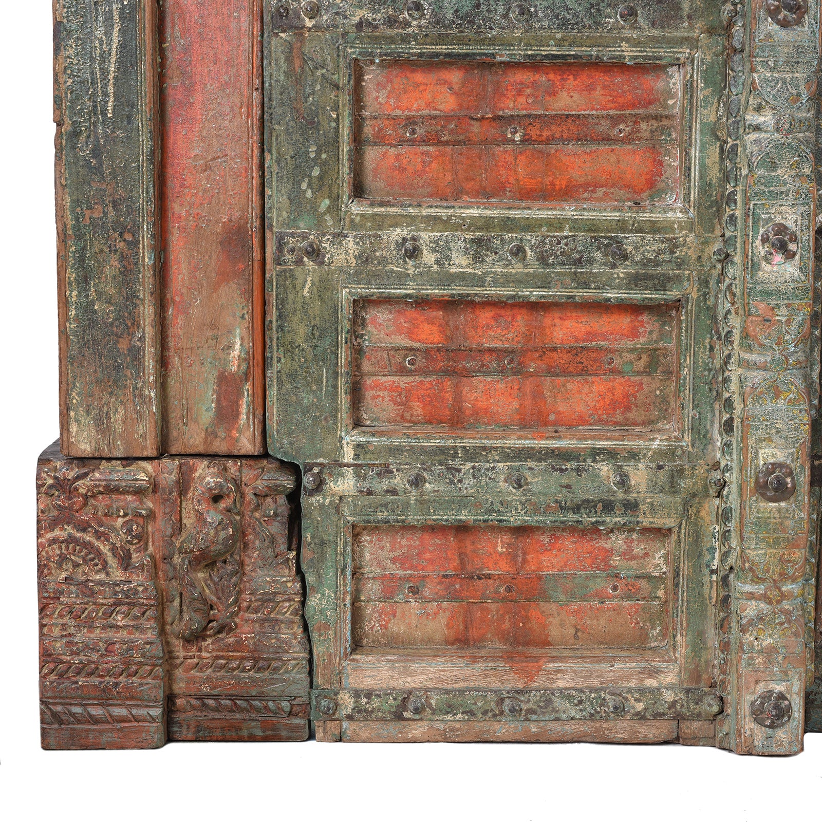 Bottom Corner Detail From Painted Teak Indian Door With Carved Floral Frieze And Corbels From Kheba Gujarat