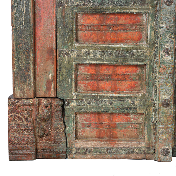 Bottom Corner Detail From Painted Teak Indian Door With Carved Floral Frieze And Corbels From Kheba Gujarat