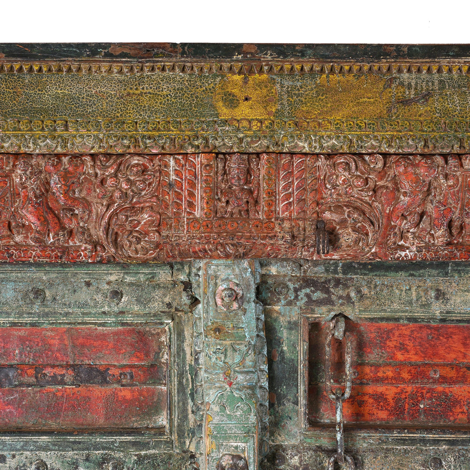 Frieze Detail From Painted Teak Indian Door With Carved Floral Frieze And Corbels From Kheba Gujarat