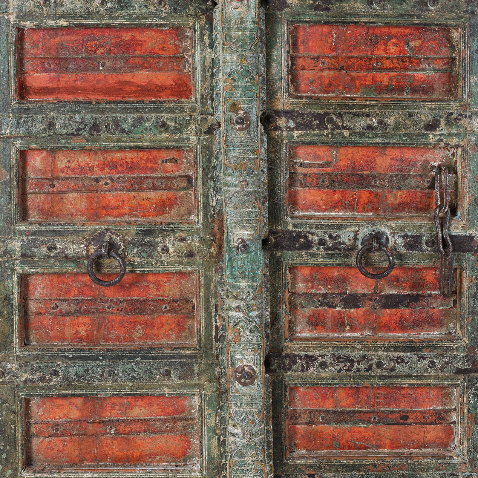 Door Panel Detail From Painted Teak Indian Door With Carved Floral Frieze And Corbels From Kheba Gujarat
