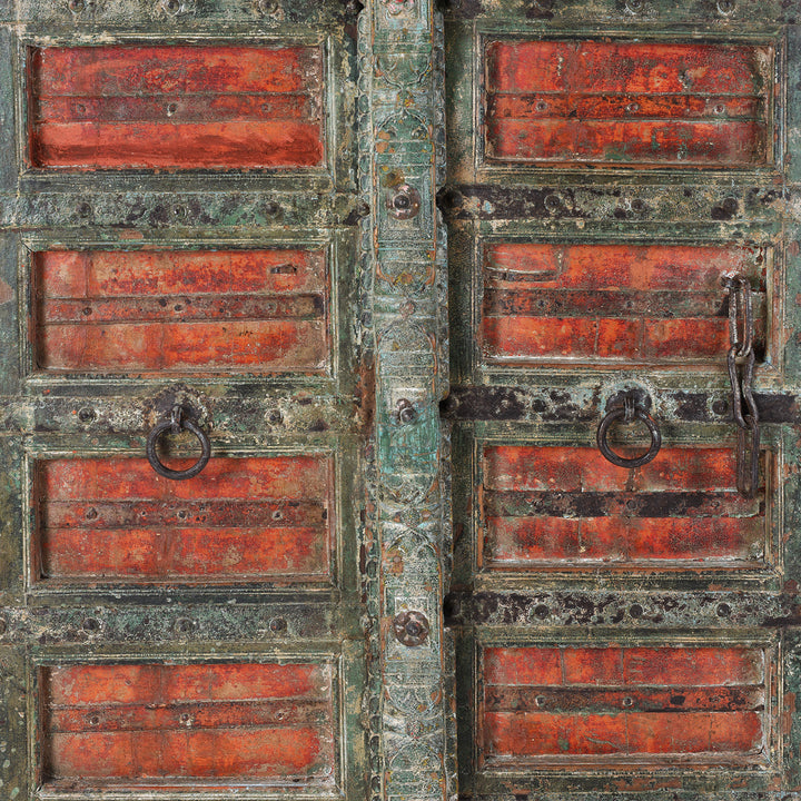 Door Panel Detail From Painted Teak Indian Door With Carved Floral Frieze And Corbels From Kheba Gujarat
