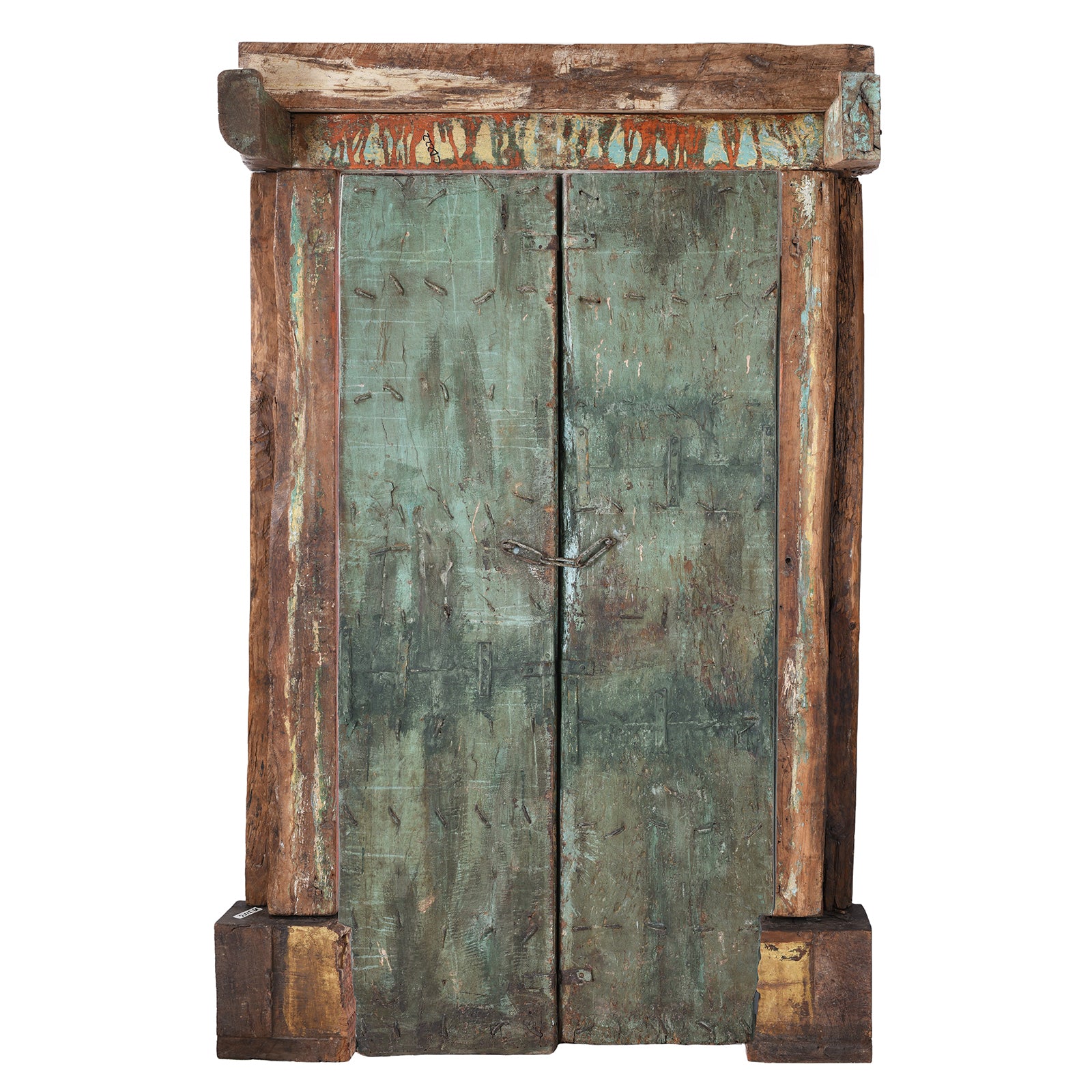 Back of Painted Teak Indian Door With Carved Floral Frieze And Corbels From Kheba Gujarat