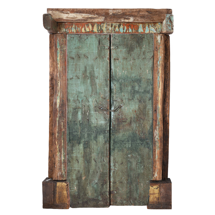 Back of Painted Teak Indian Door With Carved Floral Frieze And Corbels From Kheba Gujarat