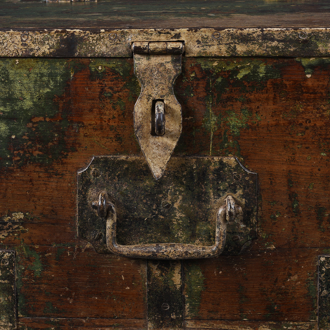 Latch Detail From Antique Green Painted British Colonial Limber Chest With Iron Straps And Teak Construction