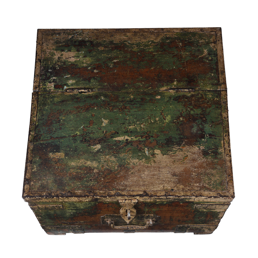 Top Down View Of Antique Green Painted British Colonial Limber Chest With Iron Straps And Teak Construction