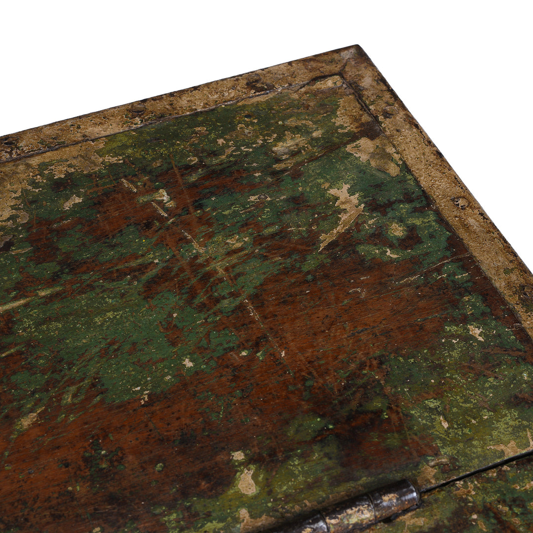 Corner Detail From Antique Green Painted British Colonial Limber Chest With Iron Straps And Teak Construction