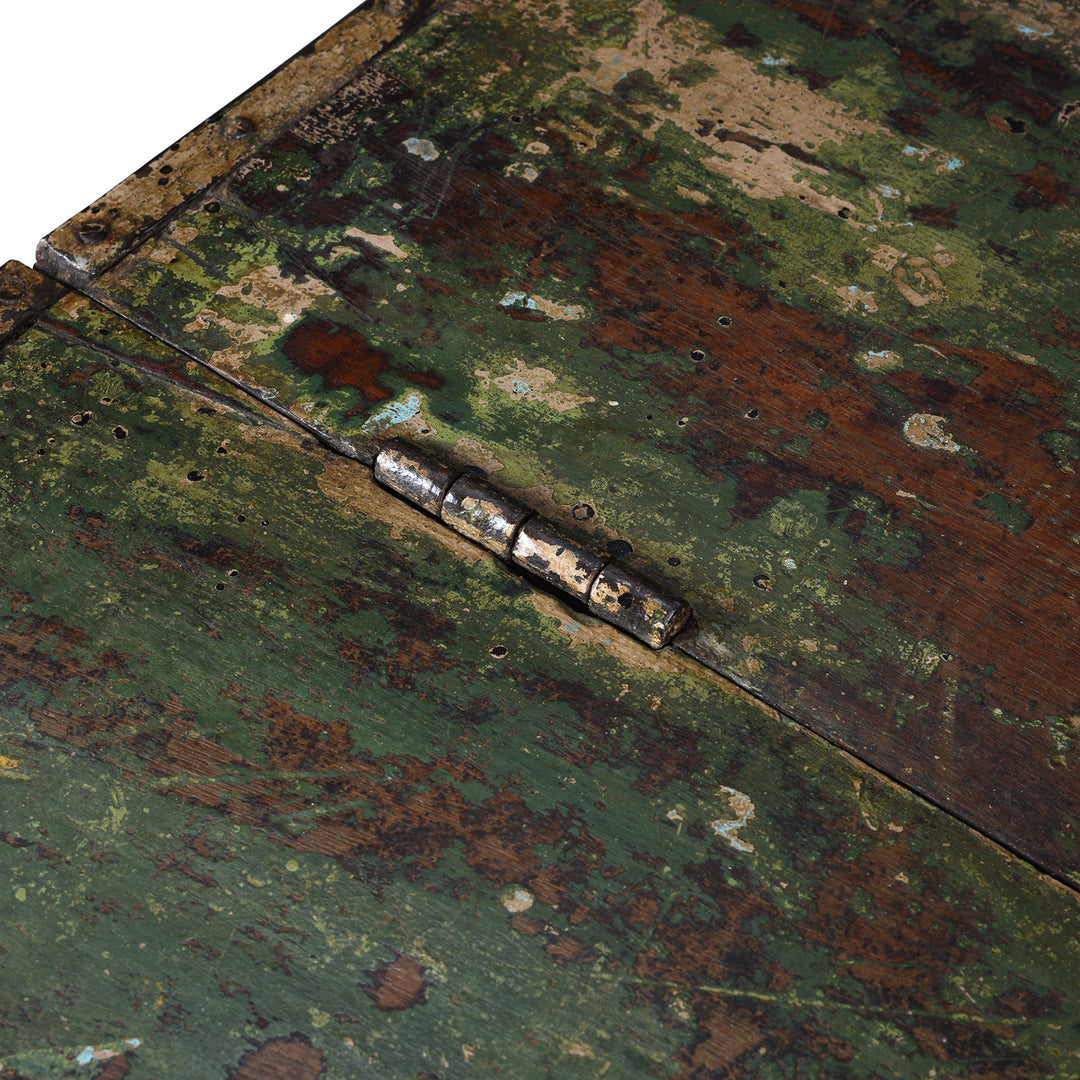 Hinge Detail From Antique Green Painted British Colonial Limber Chest With Iron Straps And Teak Construction