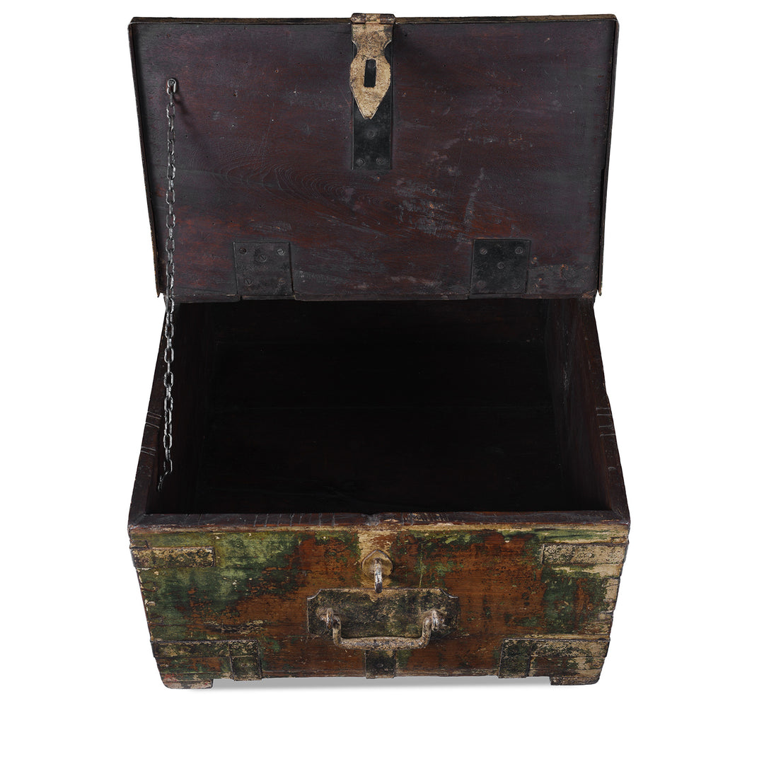 Interior Of Antique Green Painted British Colonial Limber Chest With Iron Straps And Teak Construction