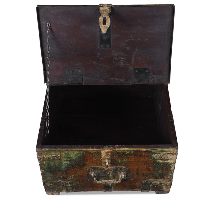 Interior Of Antique Green Painted British Colonial Limber Chest With Iron Straps And Teak Construction
