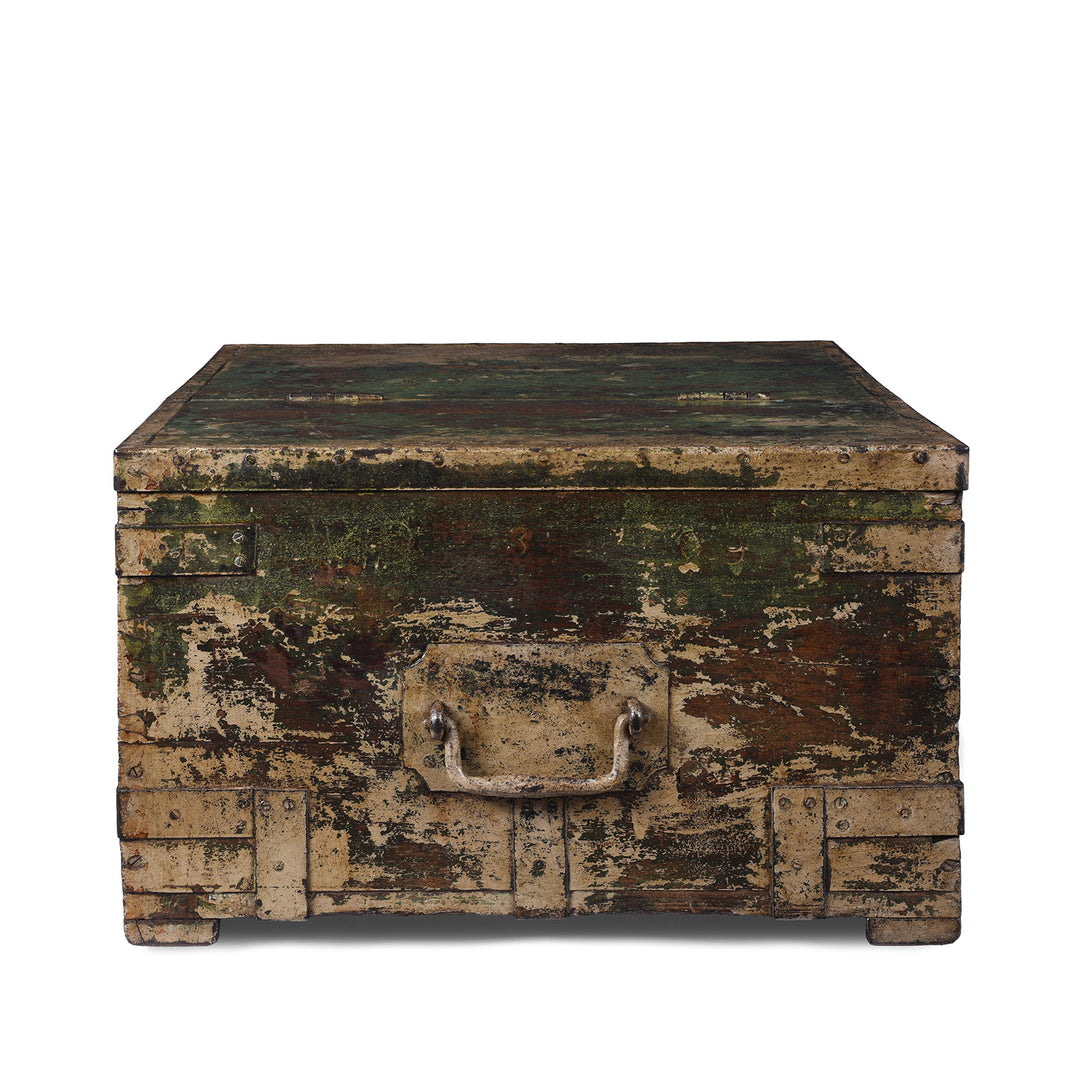 Side View Of Antique Green Painted British Colonial Limber Chest With Iron Straps And Teak Construction