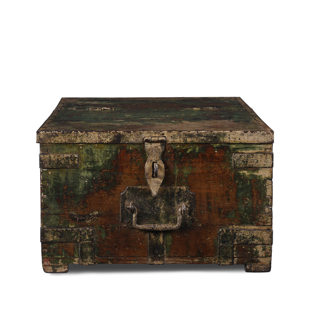 Antique Green Painted British Colonial Limber Chest With Iron Straps And Teak Construction
