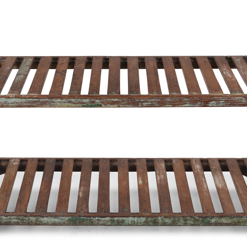 Slatted Shelf Detail From Vintage Indian Green Painted Slatted Teak Shelf