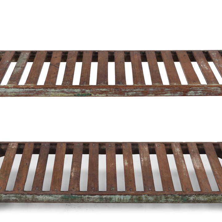 Slatted Shelf Detail From Vintage Indian Green Painted Slatted Teak Shelf