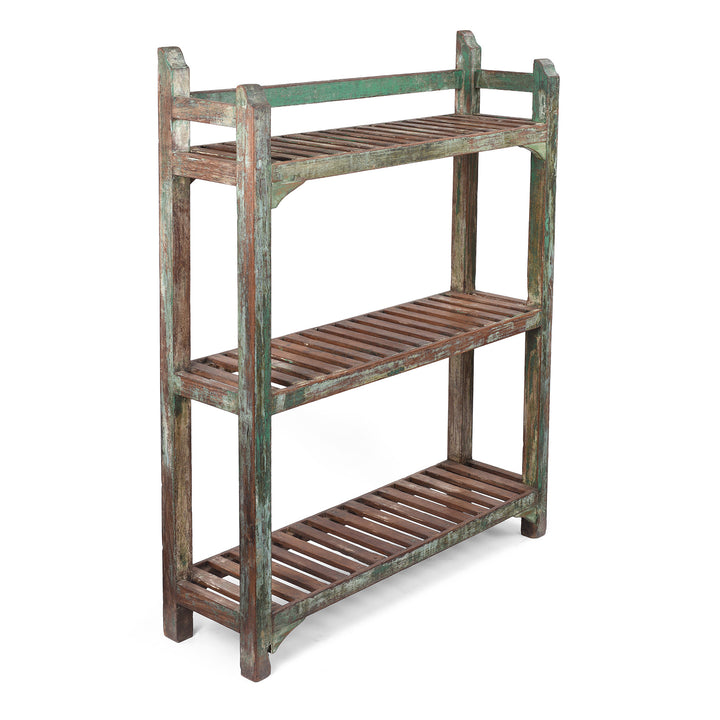 Angled View Of Vintage Indian Green Painted Slatted Teak Shelf