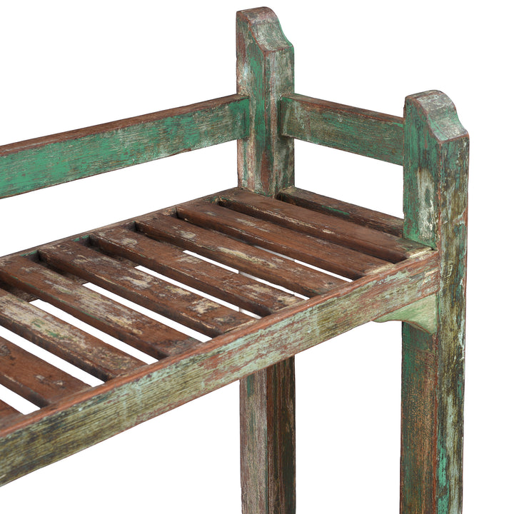 Depth Detail From Vintage Indian Green Painted Slatted Teak Shelf