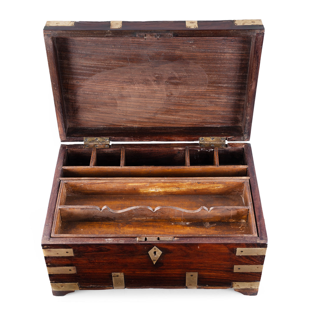 Interior Of Antique Indian Brass Bound Teak Jewellery Box 