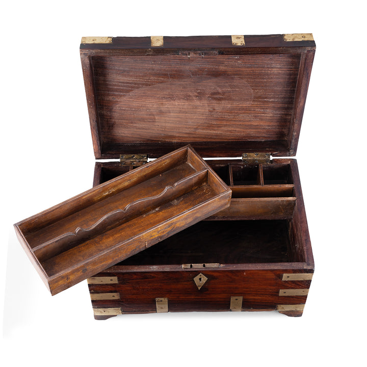 Interior Of Antique Indian Brass Bound Teak Jewellery Box 