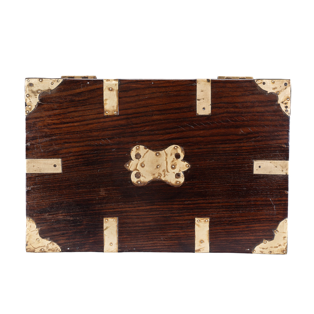 Top Down VIew Of Antique Indian Brass Bound Teak Jewellery Box 