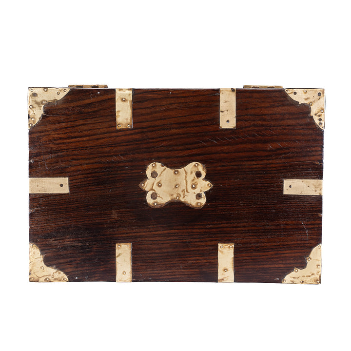 Top Down VIew Of Antique Indian Brass Bound Teak Jewellery Box 