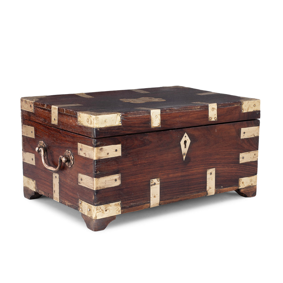 Angled VIew Of Antique Indian Brass Bound Teak Jewellery Box 