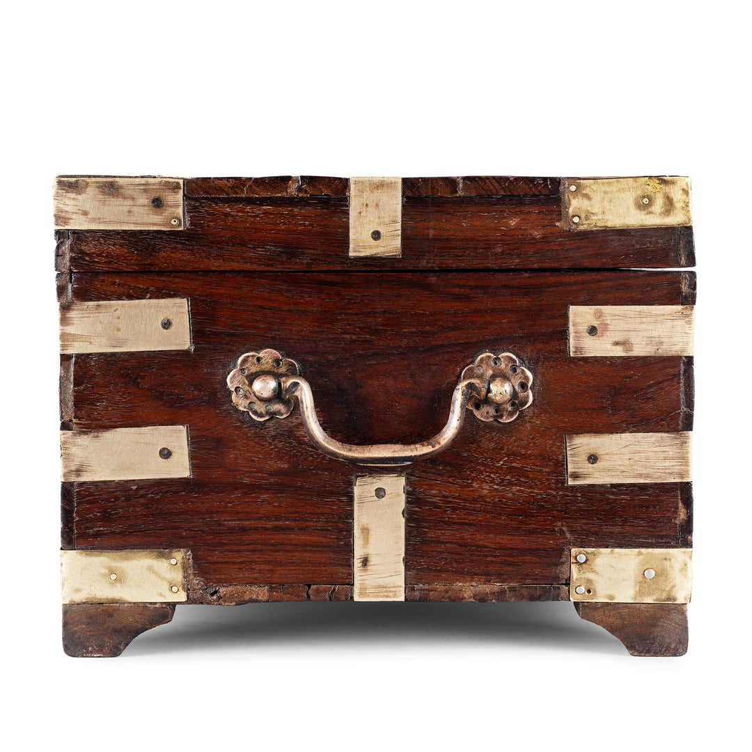 Side View Of Antique Indian Brass Bound Teak Jewellery Box 