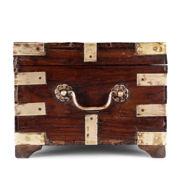 Side View Of Antique Indian Brass Bound Teak Jewellery Box 