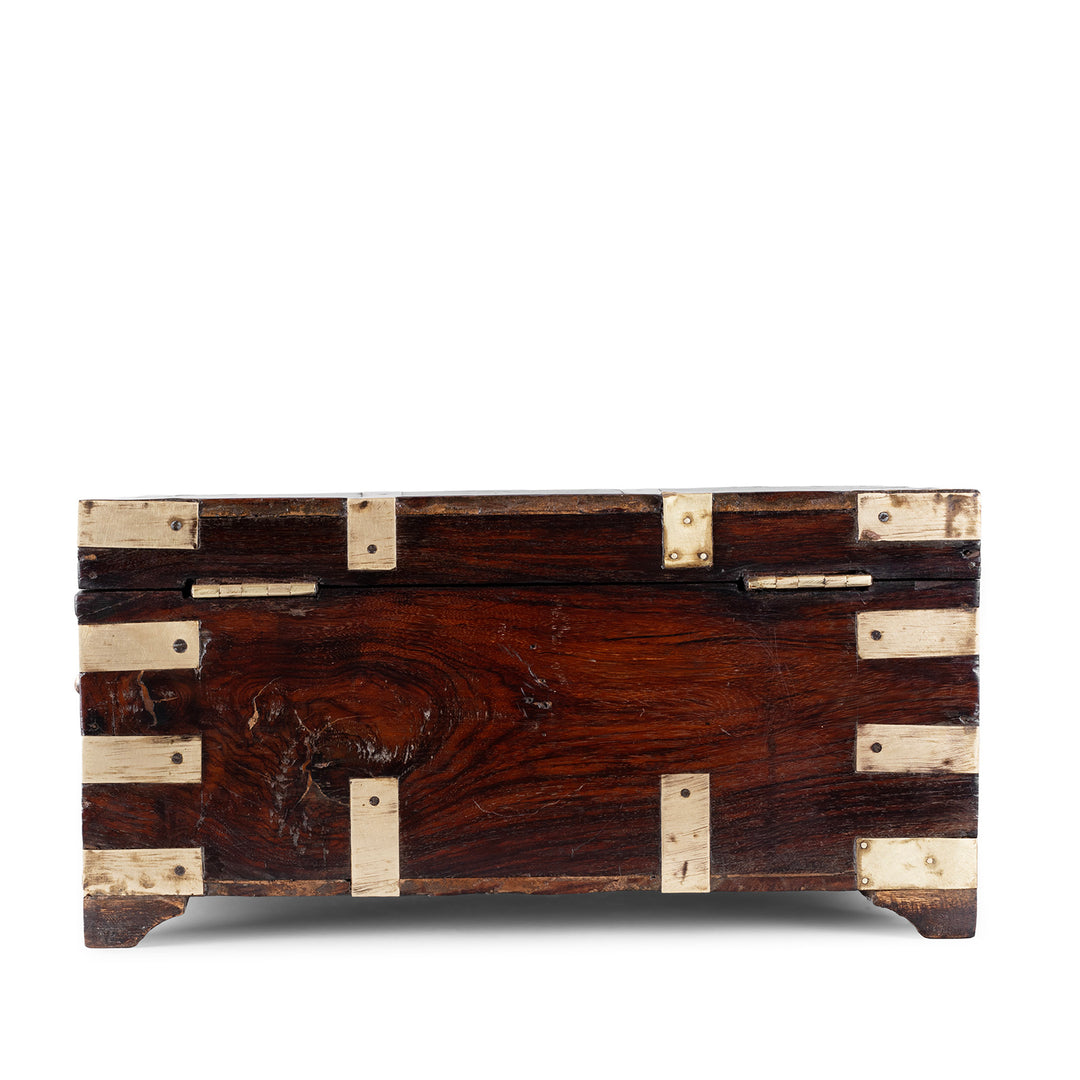 Back Of Antique Indian Brass Bound Teak Jewellery Box 