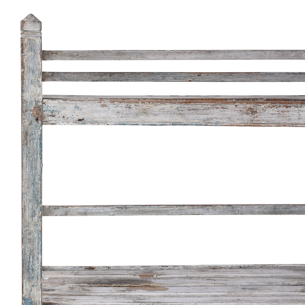 Corner Detail From Anglo Indian Teak Four Tier Shelf With Original Cream And Blue Paint Circa 1940s