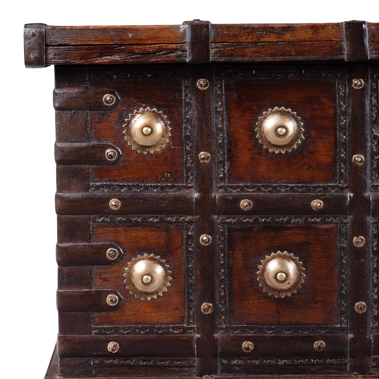 Corner Detail From 19th Century Iron Bound Teak Chest With Brass Studs From Gujarat India