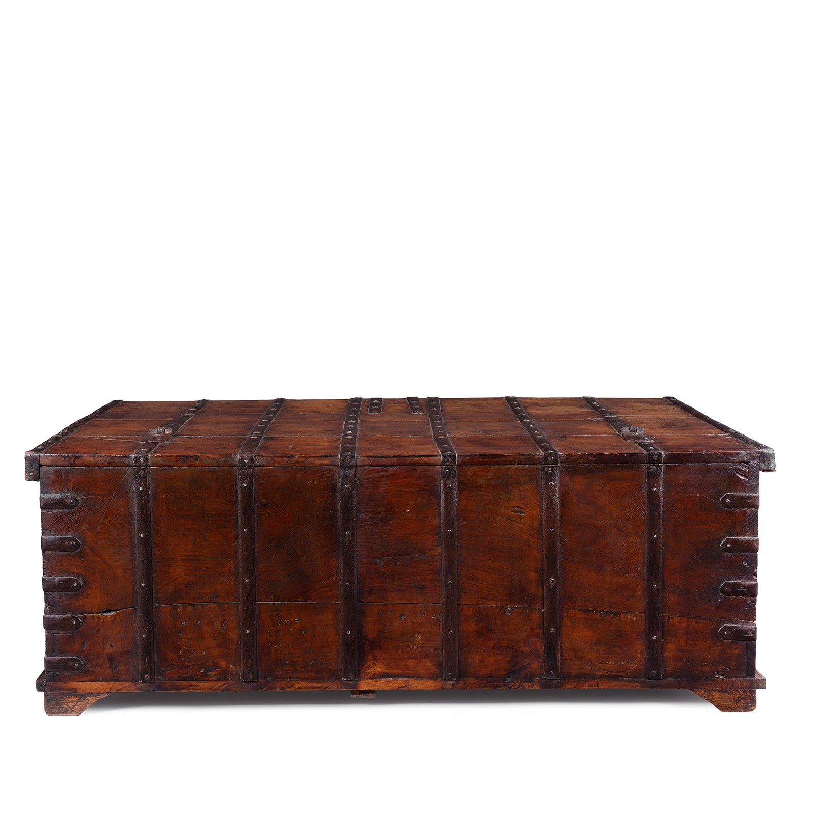 Back Of 19th Century Iron Bound Teak Chest With Brass Studs From Gujarat India