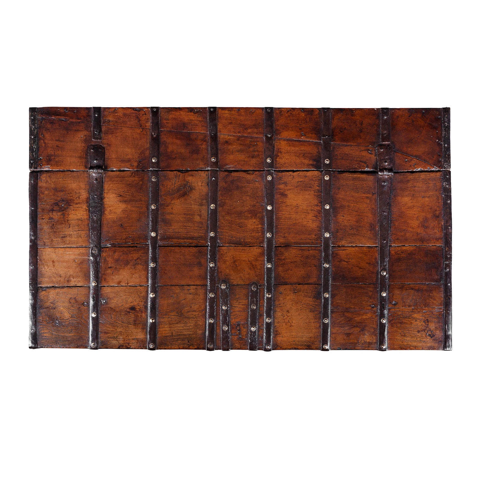 Top Down View Of 19th Century Iron Bound Teak Chest With Brass Studs From Gujarat India