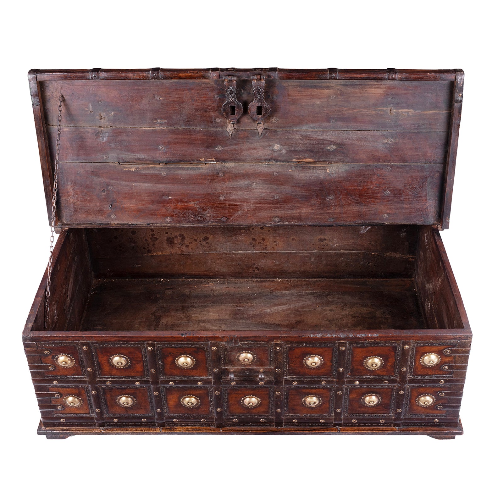 Interior Of 19th Century Iron Bound Teak Chest With Brass Studs From Gujarat India