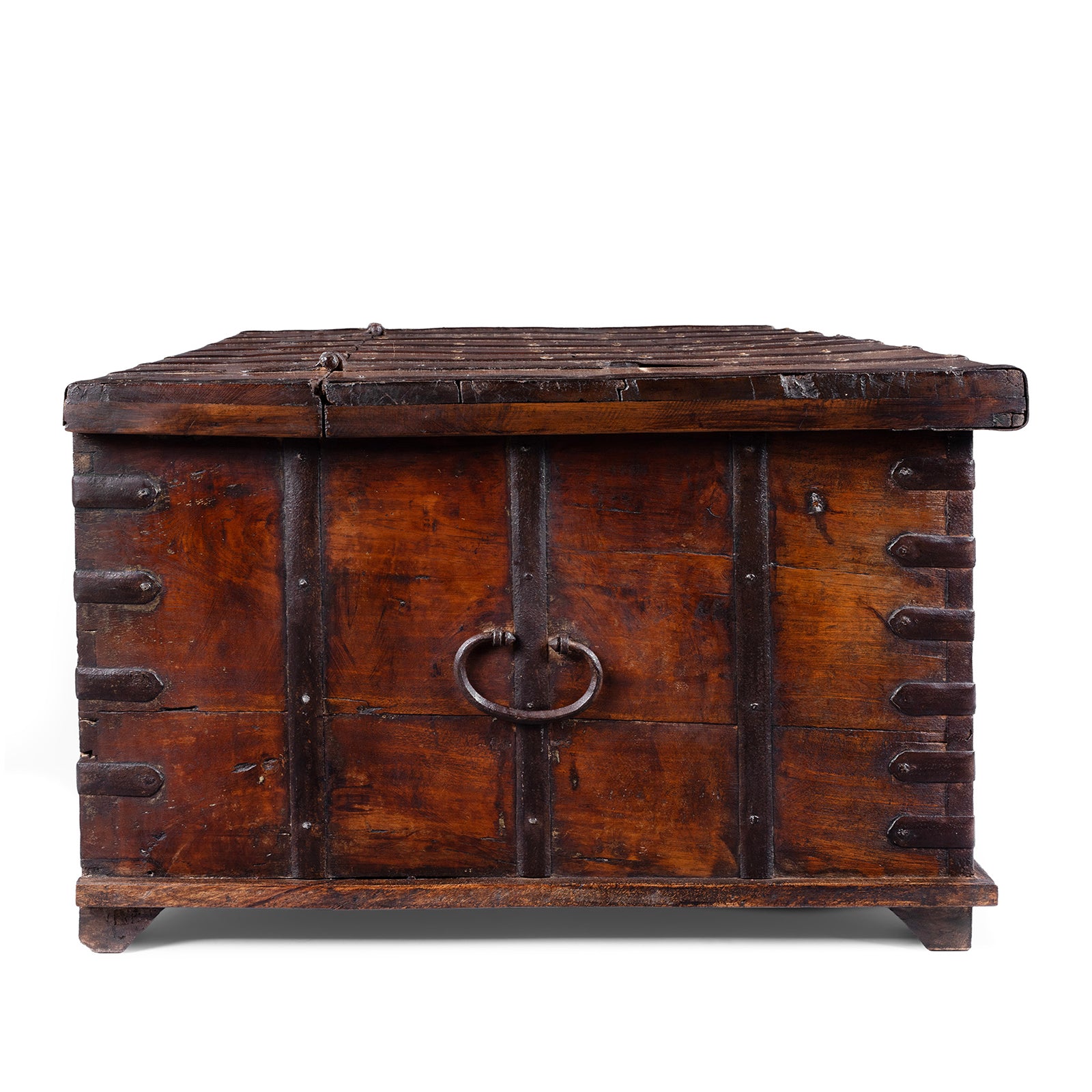 Side View Of 19th Century Iron Bound Teak Chest With Brass Studs From Gujarat India