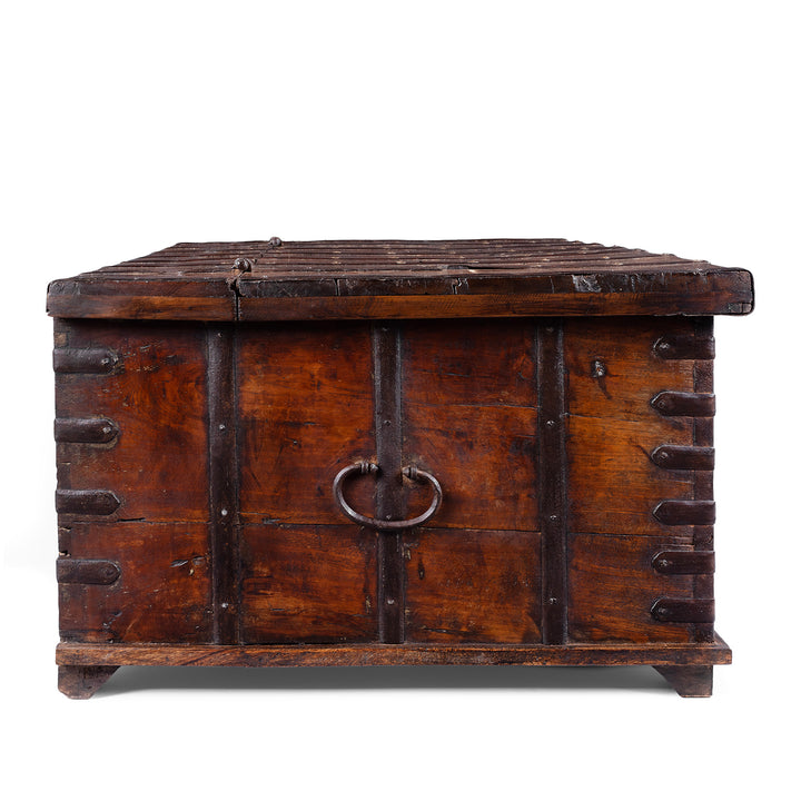 Side View Of 19th Century Iron Bound Teak Chest With Brass Studs From Gujarat India