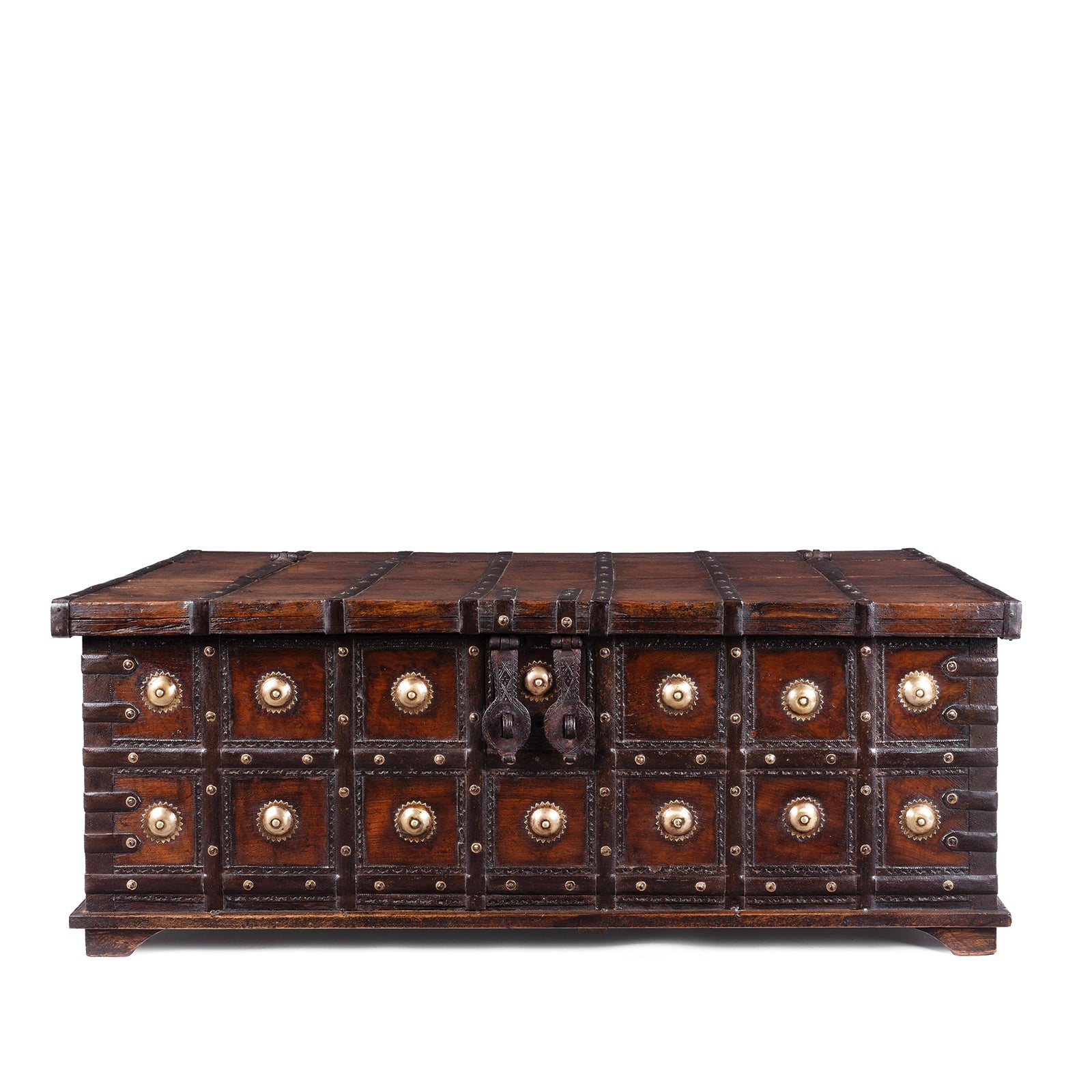 19th Century Iron Bound Teak Chest With Brass Studs From Gujarat India