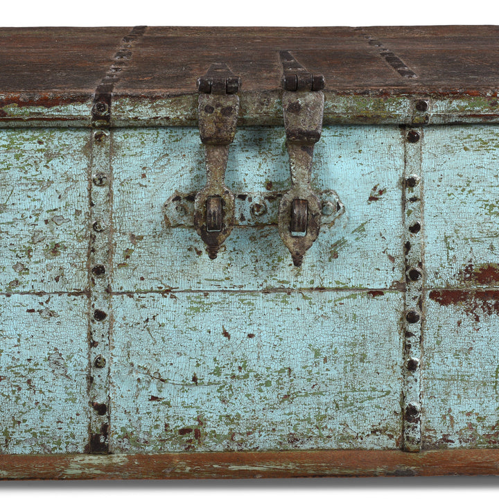 Detail Of Iron Hasp Locks From Antique Indian Painted Aqua Teak Coffee Table Chest With Iron Strapping