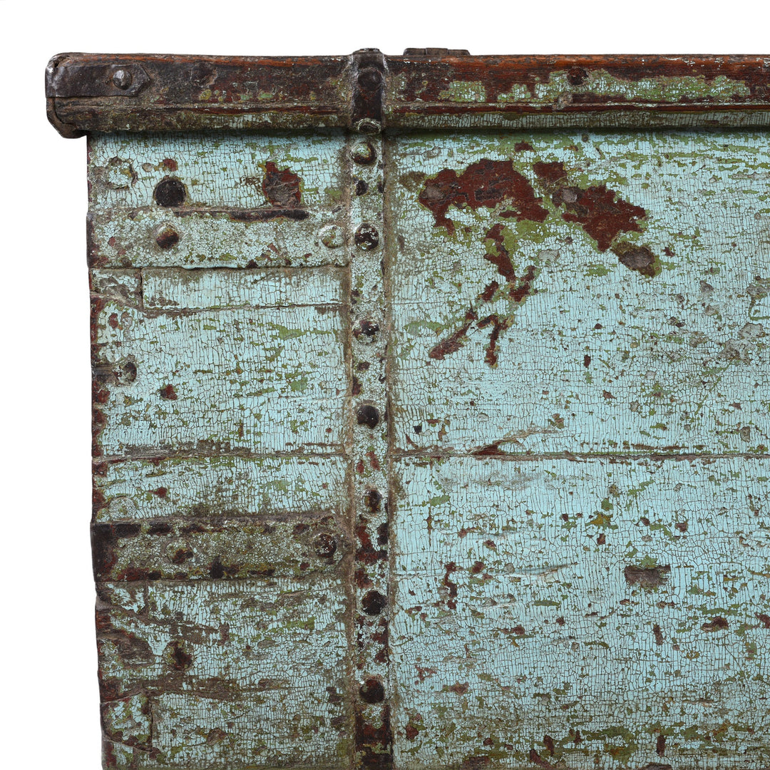 Detailed View Of Paintwork And Iron From Antique Indian Painted Aqua Teak Coffee Table Chest With Iron Strapping